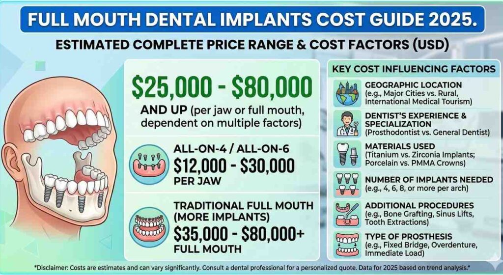 Infographic showing the 2025 cost of full mouth dental implants in the USA, including price ranges for All-on-4 and traditional implants.