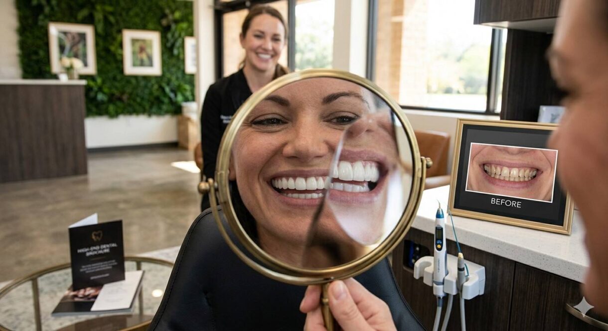 Full smile makeover veneers — before and after with natural-looking result