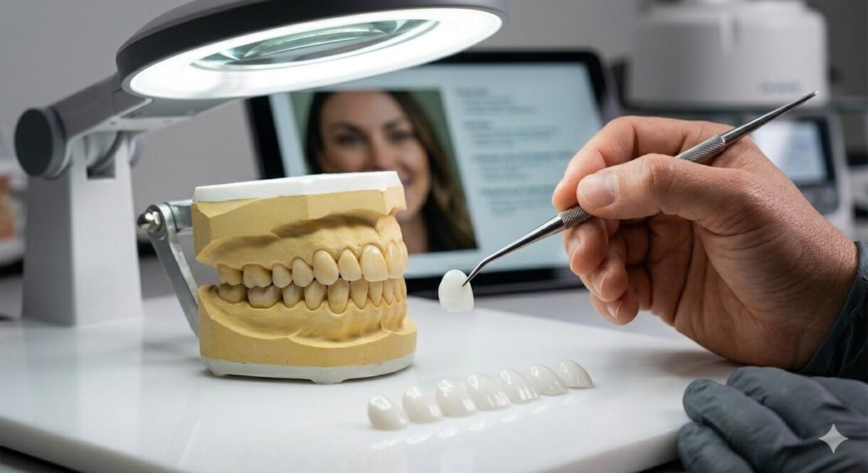 Porcelain veneer result — smile makeover with gap closure