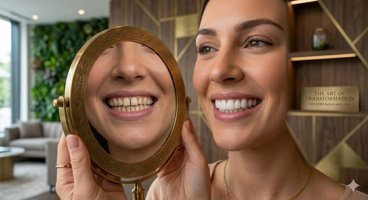 Veneers before and after — stained teeth restored with porcelain veneers